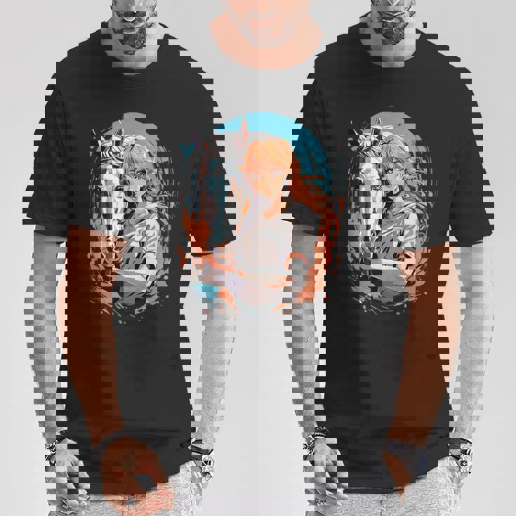 馬のファンのためのアニメガールの象徴的な乗馬デザイン。 Tシャツ 面白い贈り物