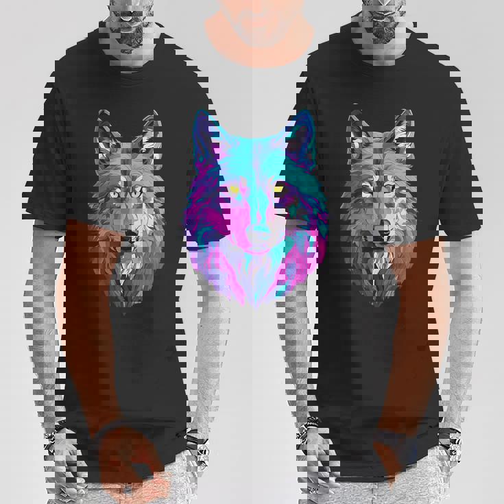 鮮やかなマルチカラーオオカミ Tシャツ 面白い贈り物