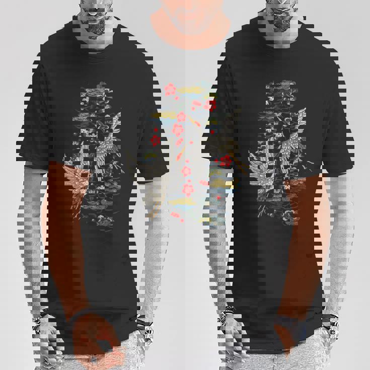 鶴&桜 ヴィンテージ日本刺繍 Tシャツ 面白い贈り物