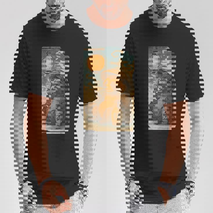 麦わら帽子をかぶったたぬき・酒・提灯・浮世絵風 Tシャツ 面白い贈り物