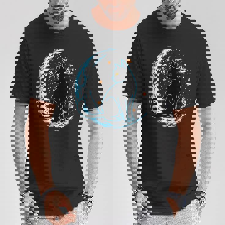 黒猫 三日月 セーラームーンフェイズ 占星術 ペット愛好家 Tシャツ 面白い贈り物