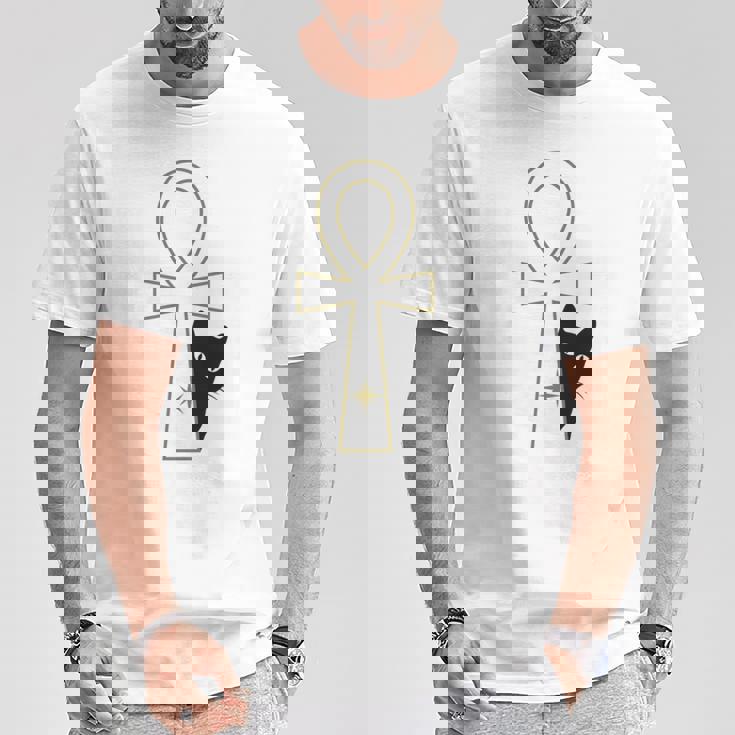 Ankh & Cat デザイン – スピリチュアル瞑想アート Tシャツ 面白い贈り物