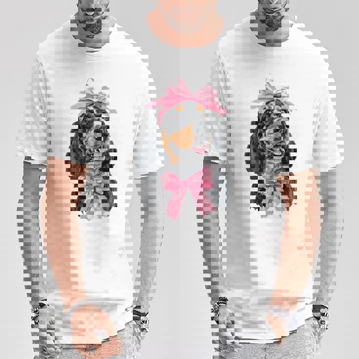 Coquette Bow Coonhound Dog Mom ピンクリボンガール Tシャツ 面白い贈り物