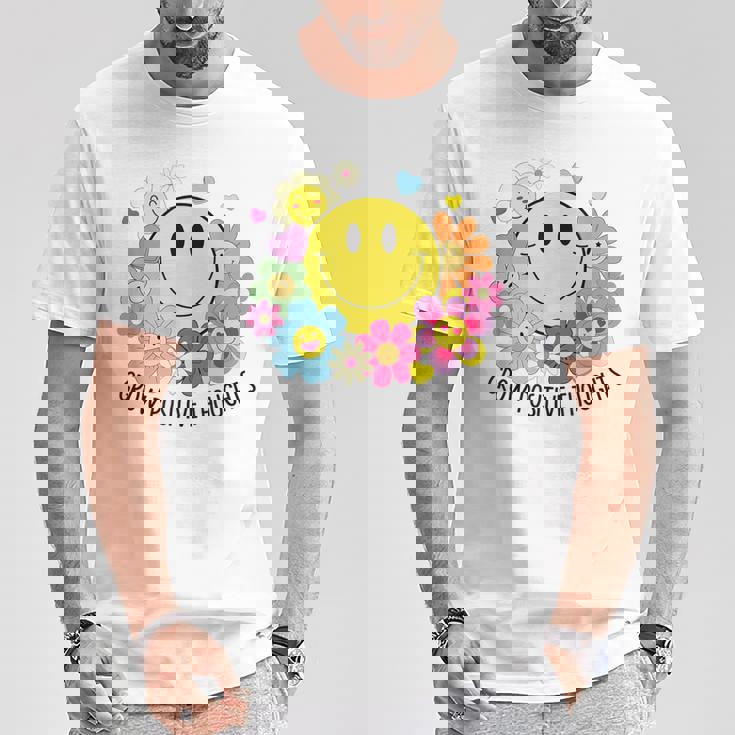 Grow Positive Thoughts イエロー スマイルフェイス 花 キッズ 女の子 Tシャツ 面白い贈り物