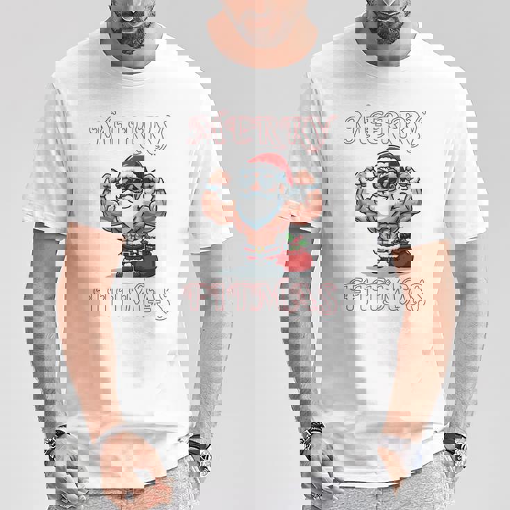 Merry Fitmas クリスマス フィットネス アグリークリスマス スウール サンタ 長袖tシャツ Tシャツ 面白い贈り物