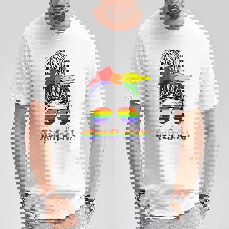 Messy Bun Proud Ally Pride Flag Love Lgbt レインボー サングラス Tシャツ 面白い贈り物