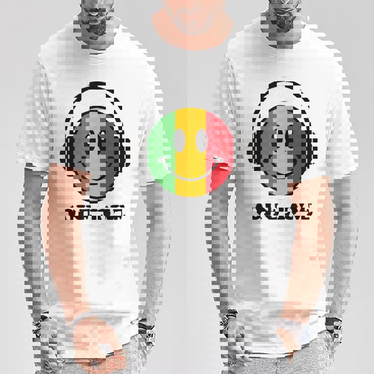 One Love ラスタ レゲエ 音楽 ヘッドホン スマイルフェイス ラスタファリ Tシャツ 面白い贈り物