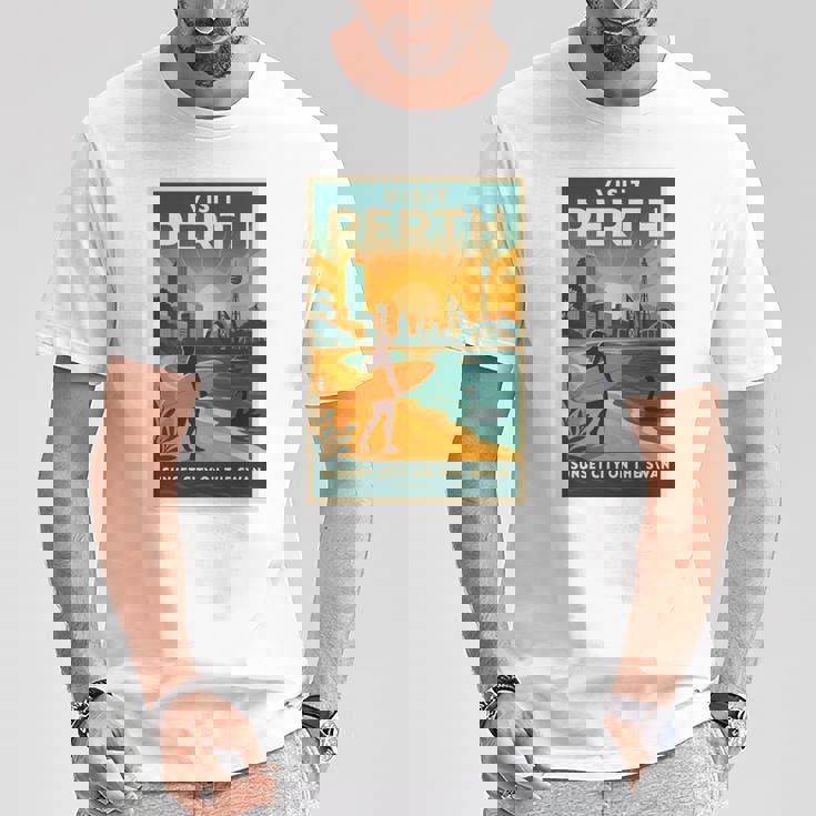 Perth Australia – ビンテージ旅行ポスタースタイル 長袖tシャツ Tシャツ 面白い贈り物