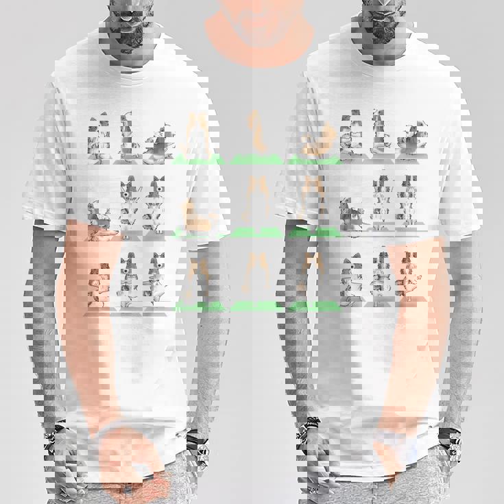 Shetland シープドッグ シェルティ 犬 ヨガ ポーズ ワークアウト エクササイズ Tシャツ 面白い贈り物