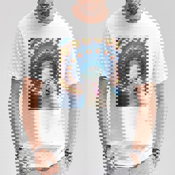 Ufo エイリアンフライングソーサー付き面白い白猫愛好家セルフィー 長袖tシャツ Tシャツ 面白い贈り物