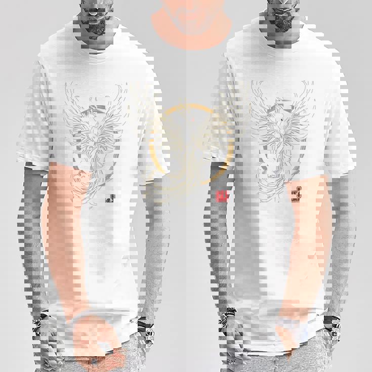 【背中側デザイン】日本文化 鳳凰デザイン 幸運を願うお守り 長袖tシャツ Tシャツ 面白い贈り物