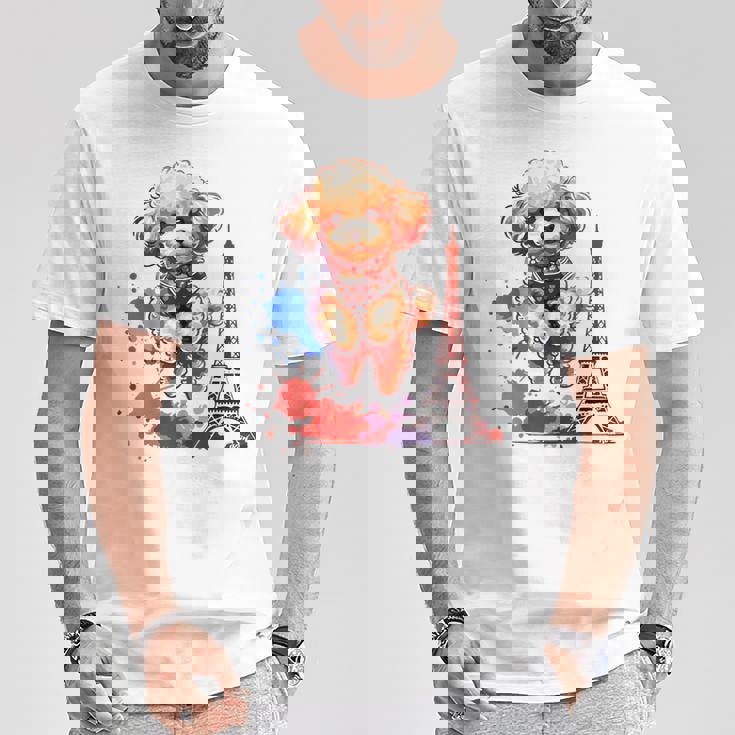 かわいい フランス パリ エッフェル塔 トイプードル パリ ジャンプ 子犬 Tシャツ 面白い贈り物