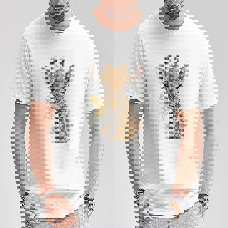 かわいい水彩画 キリン 赤ちゃん 美的 動物 アート 絵画 長袖tシャツ Tシャツ 面白い贈り物