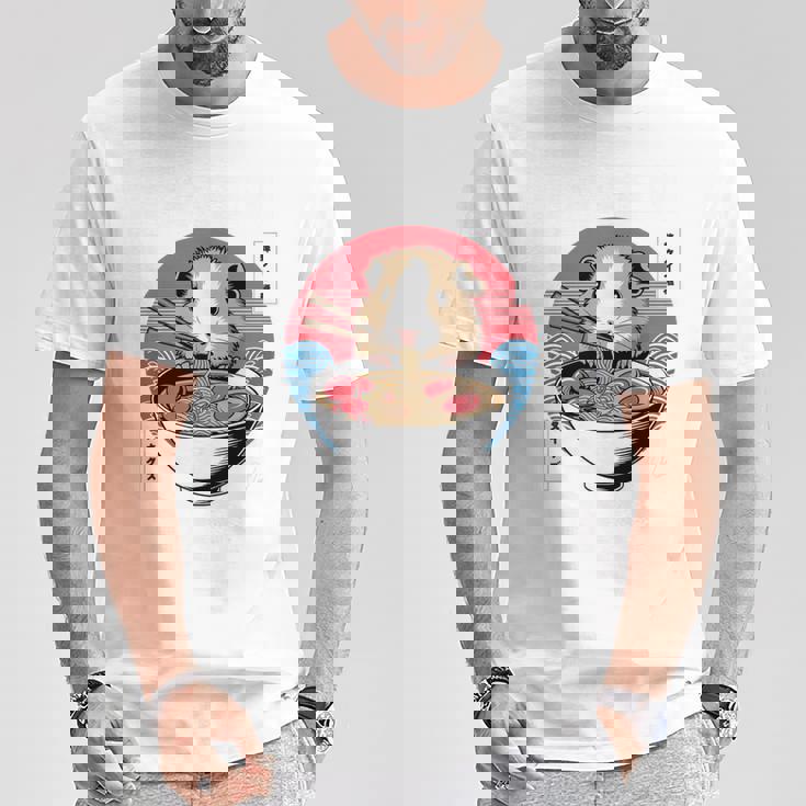 アニメ モルモット 漫画 カワイイ ねこ 日本のラーメン モルモット 長袖tシャツ Tシャツ 面白い贈り物