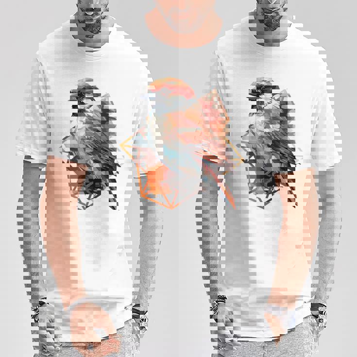 アメリカンツリー スズメ 鳥 幾何学模様 パッテンアート かわいい鳥 ロー Tシャツ 面白い贈り物