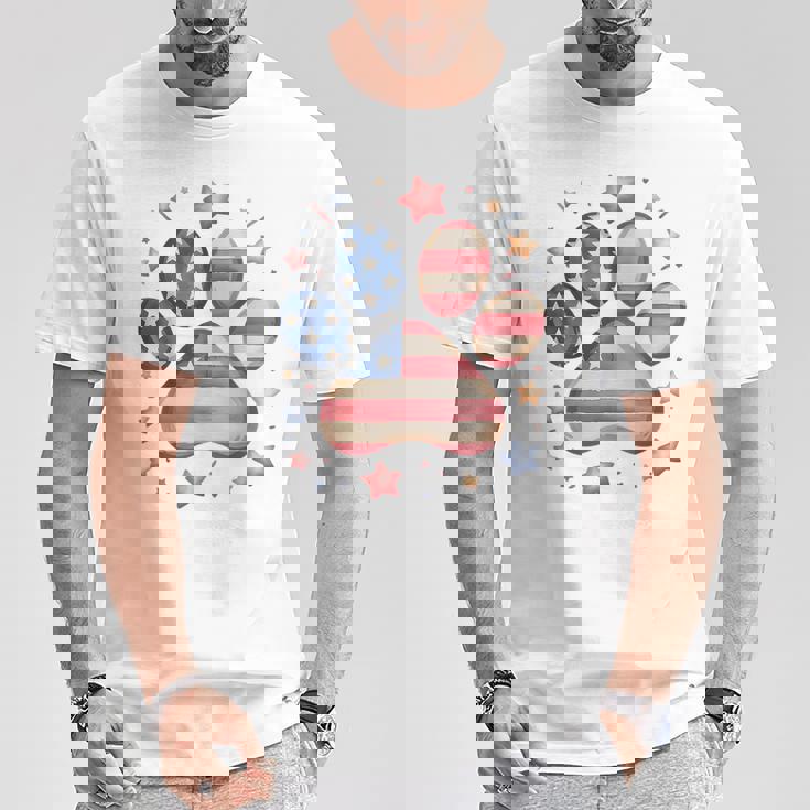 アメリカ国旗 愛国的な犬と猫の足跡プリント 7月4日 犬 Tシャツ 面白い贈り物