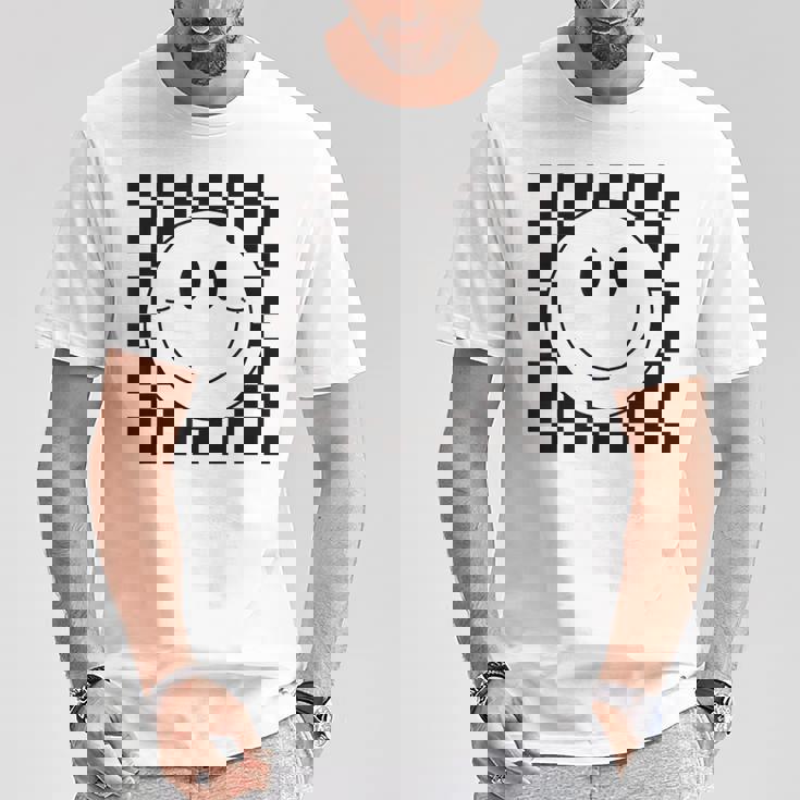 イエロー スマイル フェイスシャツ かわいい チェック柄 スマイル ハッピー Tシャツ 面白い贈り物