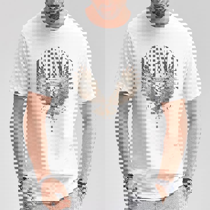 エレガントな夜フクロウ野生動物フクロウ鳥バックプリント フクロウ Tシャツ 面白い贈り物