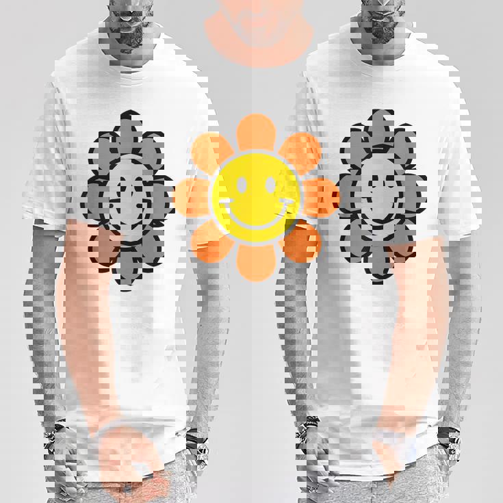 オレンジ イエロー ハッピー スマイル スマイル フェイス デイジー フラワーガール Tシャツ 面白い贈り物