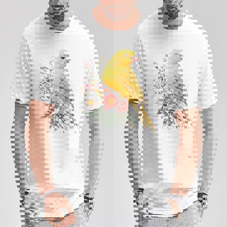 カナリアの鳥好き、ピンクの花のかわいい鳥、自然。 Tシャツ 面白い贈り物