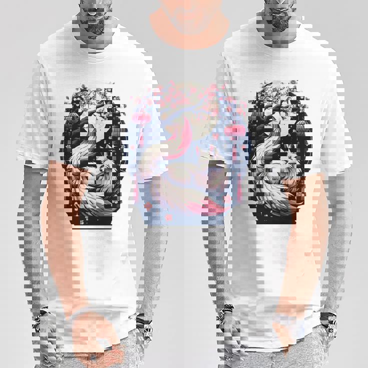 キツネ キツネ 桜 花 日本 九尾狐 長袖tシャツ Tシャツ 面白い贈り物