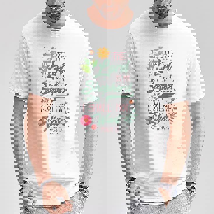 キリスト教聖書の詩 主は私の羊飼い 詩篇 23 花 Tシャツ 面白い贈り物