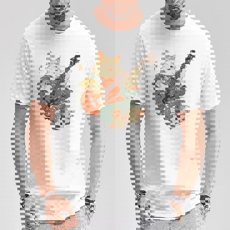 ギターを弾く日本の侍猫 忍者 浮世絵 アニメ Tシャツ 面白い贈り物