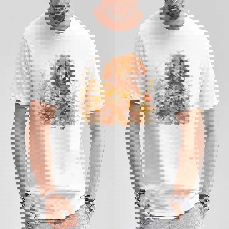 クリーム色の花のダックスフント 愛らしいミニドキシー犬 Tシャツ 面白い贈り物