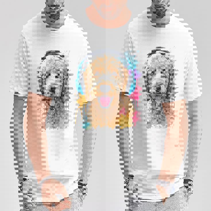 ゴールデンドゥードル、ヘッドフォン、犬、動物プリント Tシャツ 面白い贈り物