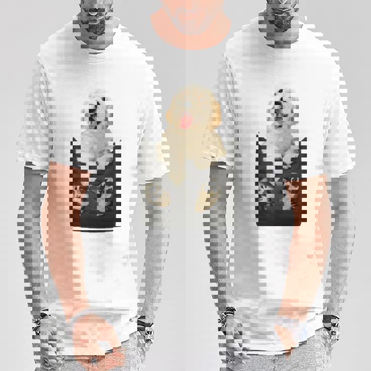 ゴールデンレトリバー ポケットに入った子犬 長袖tシャツ Tシャツ 面白い贈り物