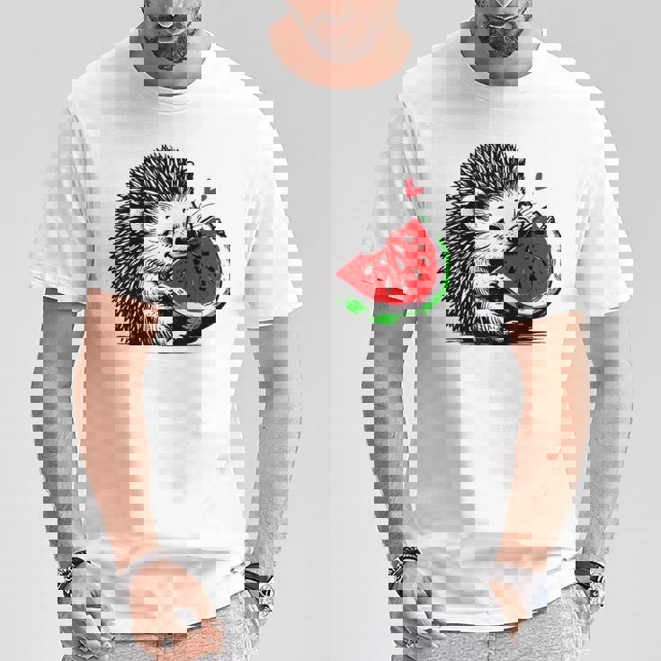 スイカの誕生日を食べるキュートで愛らしいハリネズミ Tシャツ 面白い贈り物
