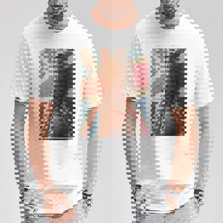 セクシーガールグラフィックtシャツ 「ホットピンナップガール&イギリスの旗」 長袖tシャツ Tシャツ 面白い贈り物