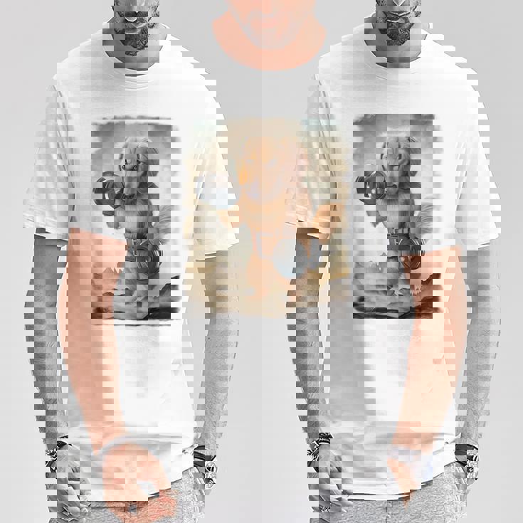 ダックスフンド 犬 筋トレ ウェイトリフティング ダンベル付き Tシャツ 面白い贈り物