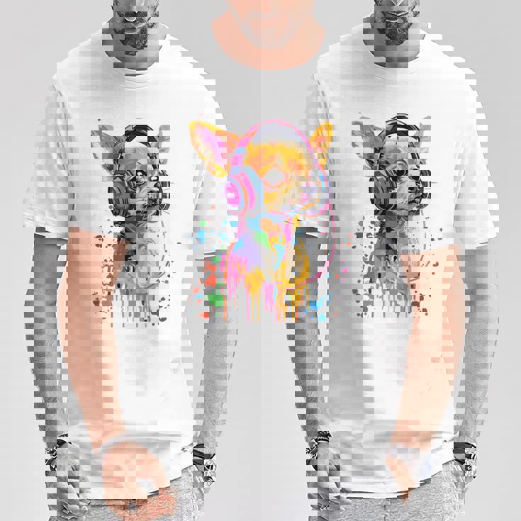 チワワの恋人 ポップアート ヘッドフォンを着て おもしろい チワワ 長袖tシャツ Tシャツ 面白い贈り物