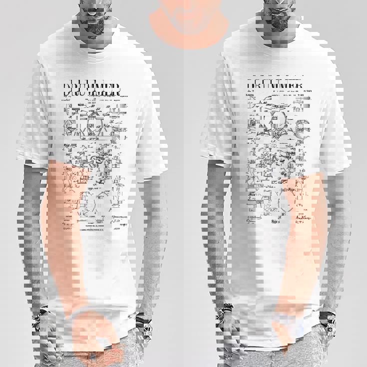 ドラムセットキット ヴィンテージ パテントドラマー ドローイングプリント Tシャツ 面白い贈り物
