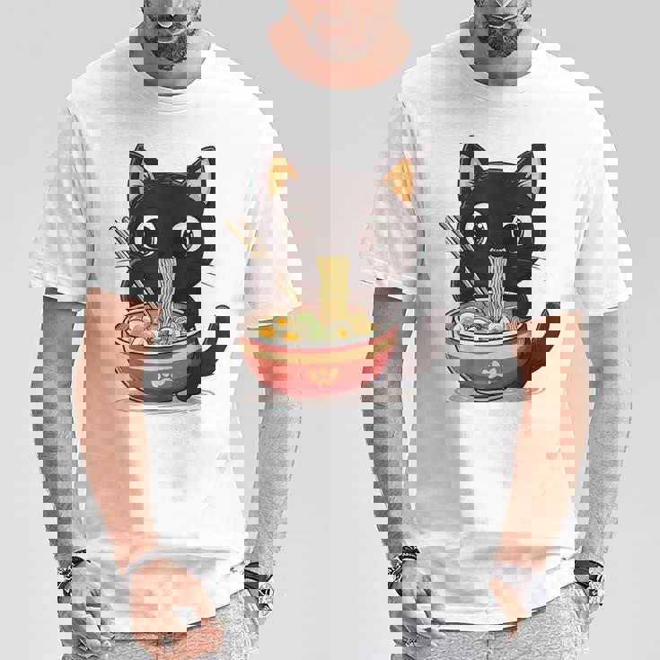 ヌードルキャット黒猫ラーメンデザイン Tシャツ 面白い贈り物