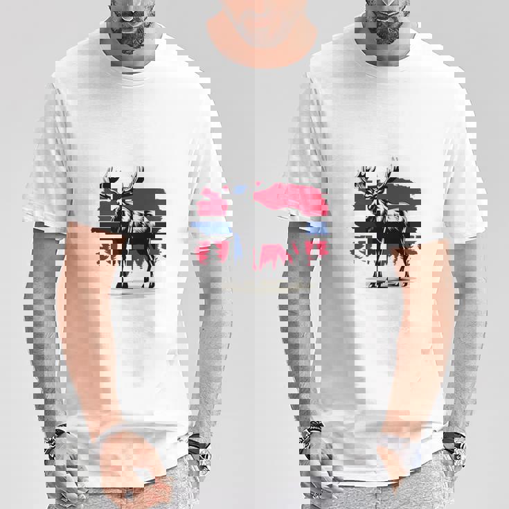 ノルウェー デザイン ヘラジカ ノルウェー国旗 自然 服装 北欧 長袖tシャツ Tシャツ 面白い贈り物