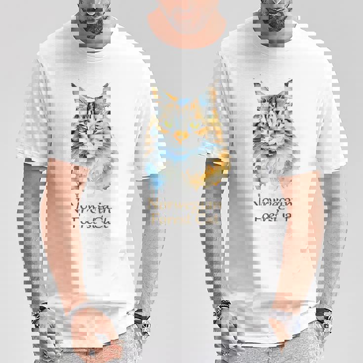ノルウェージャンフォレストキャット 水彩画ポートレート2 Tシャツ 面白い贈り物