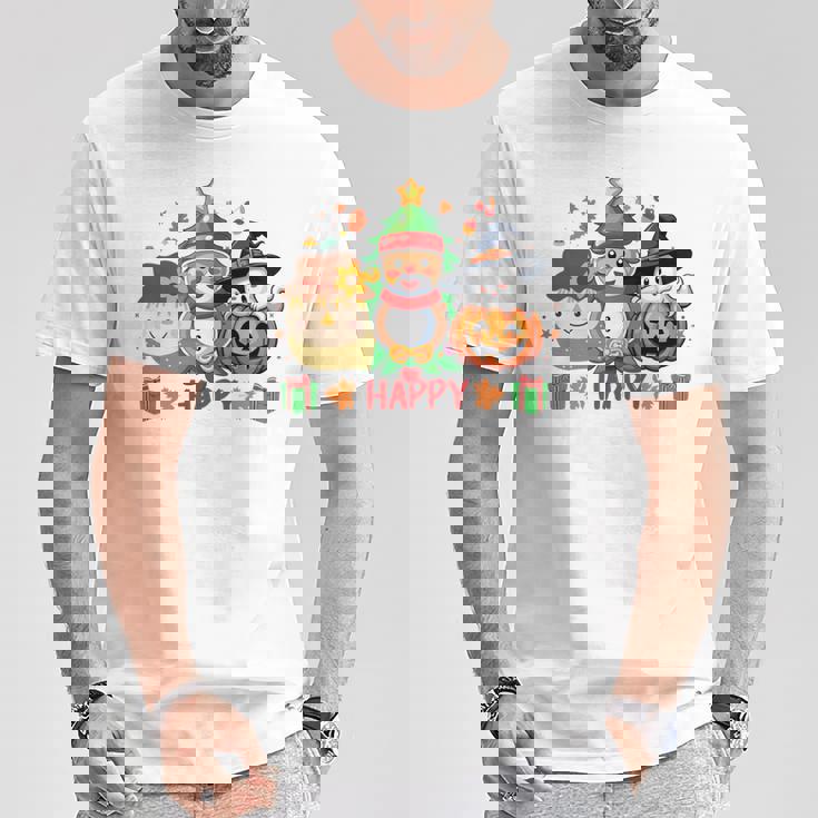 ハッピー、感謝祭、ハロウィン、メリークリスマス。 長袖tシャツ Tシャツ 面白い贈り物