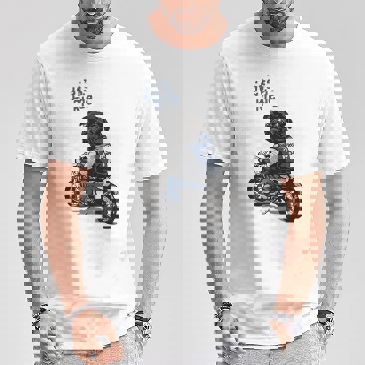 バイクに乗る面白いパグ犬レッツライド Tシャツ 面白い贈り物