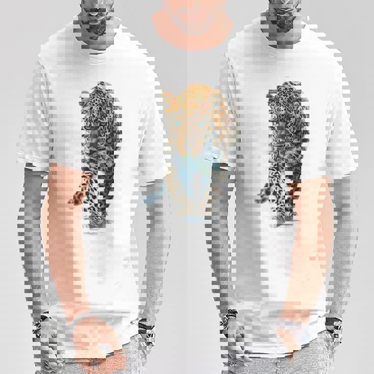 ヒョウ アニマルプリント モチーフ 描画 ポートレート ヒョウ Tシャツ 面白い贈り物