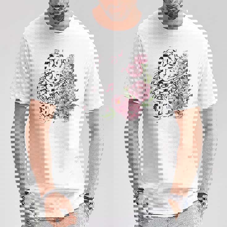 ピアノの鍵盤、音符、花 Tシャツ 面白い贈り物