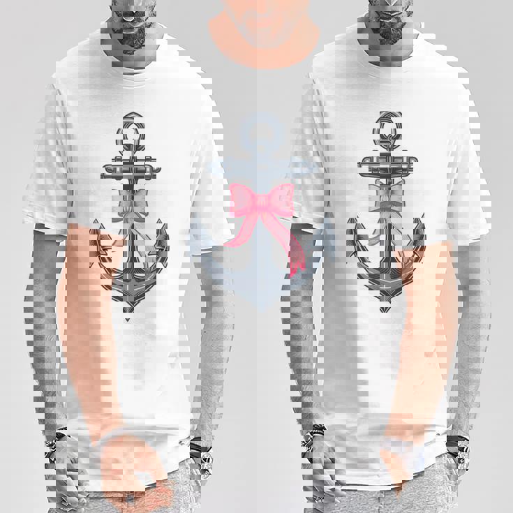 ピンクリボンボウコケット付きマリンアンカー。 Tシャツ 面白い贈り物