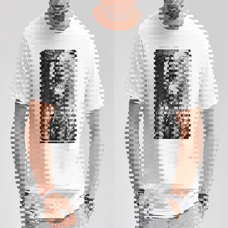 ピンナップガールtシャツ セクシーな天使の悪魔の女の子 B&W バックプリント Tシャツ 面白い贈り物