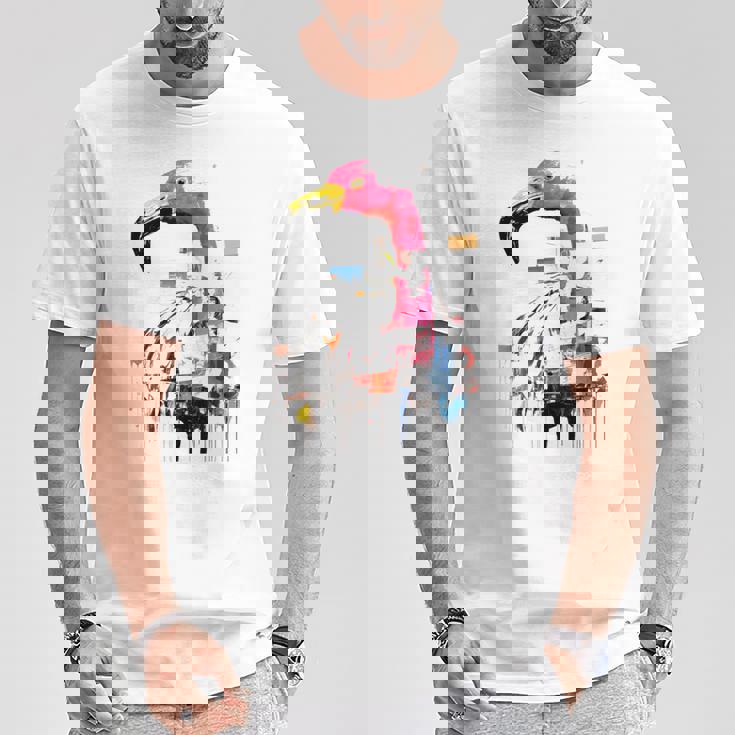 フラミンゴ 鮮やかな色 芸術的な野生動物の表現 Tシャツ 面白い贈り物