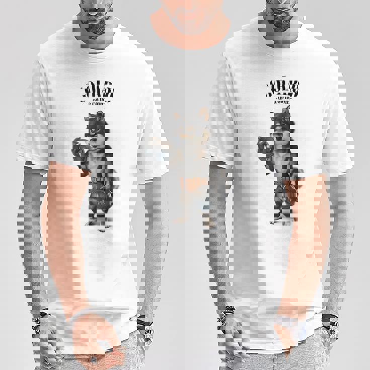 ブラック柴犬 筋トレ ダンベル付き フィットネスジム Tシャツ 面白い贈り物