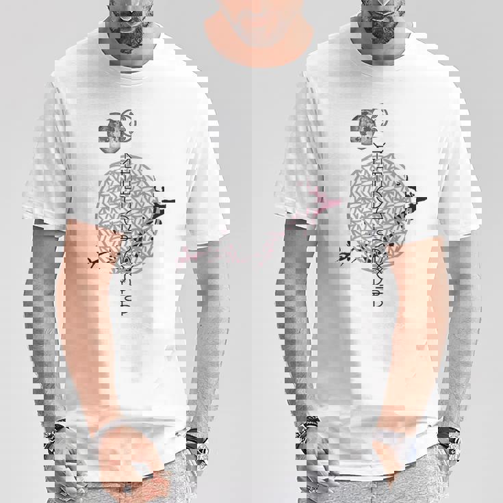 ホツマ文字 ヲシテ文字 フラワーオブライフ とほかみえみため とほかみゑひため 桜 月 アウワ 開運 言霊 宇宙 お守り Tシャツ 面白い贈り物