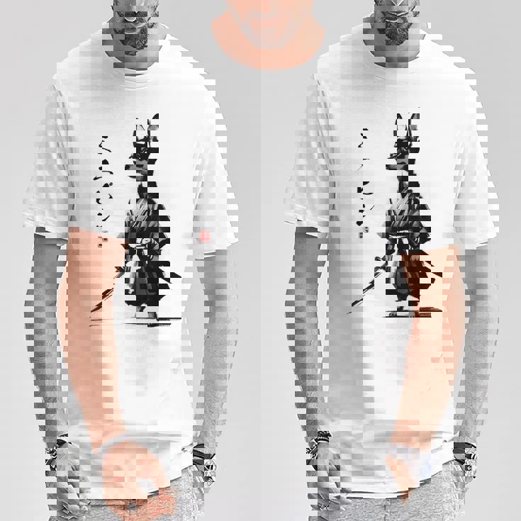 ミニチュアピンシャー 侍戦士 日本の浮世絵 アートドッグ Tシャツ 面白い贈り物