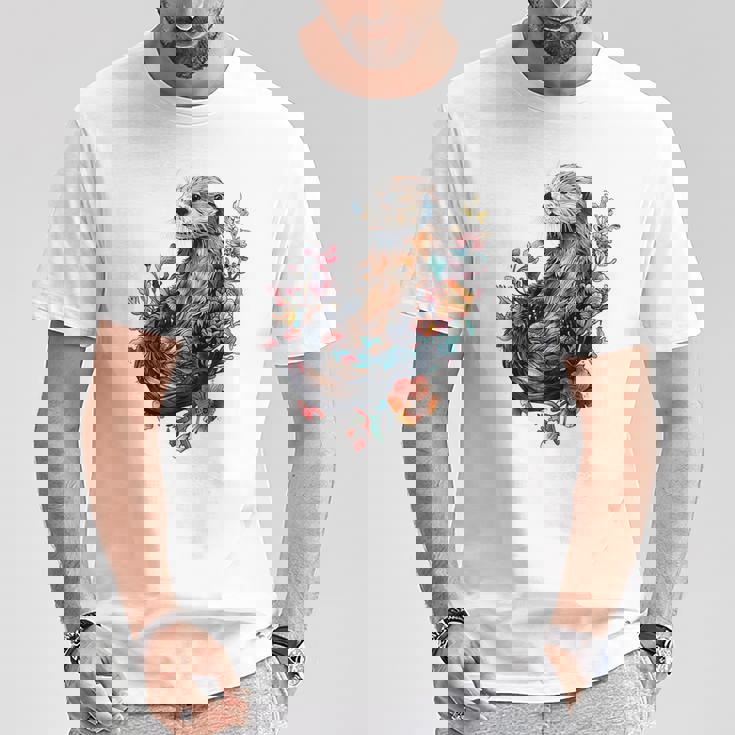 ラッコ フローラルアクセント Tシャツ 面白い贈り物