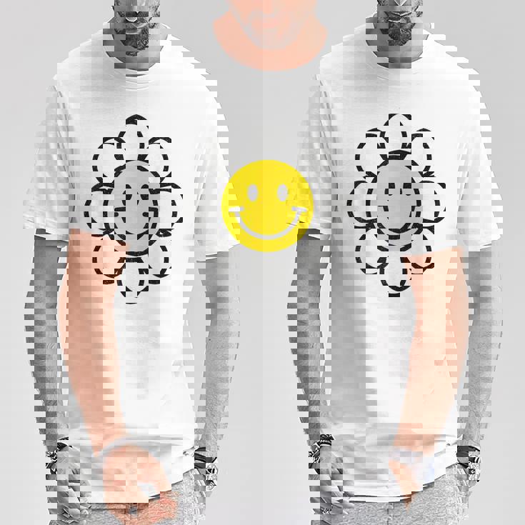 レトロ ヴィンテージ イエロー ハッピー スマイル スマイル フェイス デイジーフラワー Tシャツ 面白い贈り物